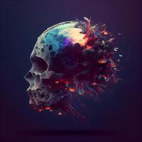 astratto umano cranio con colorato spruzzi su buio sfondo. illustrazione., ai generativo Immagine foto