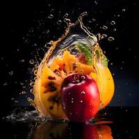 frutta spruzzi nel acqua su nero sfondo. salutare cibo concetto., ai generativo Immagine foto