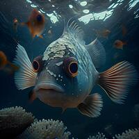 subacqueo mondo con pesce e coralli. 3d illustrazione., ai generativo Immagine foto