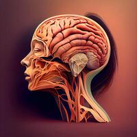 umano cervello anatomia. 3d illustrazione. umano testa con nervoso sistema., ai generativo Immagine foto
