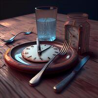 allarme orologio e bicchiere di acqua su di legno tavolo. 3d rendering, ai generativo Immagine foto