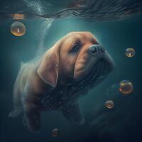 bullmastiff subacqueo con bolle nel il oceano. 3d rendering, ai generativo Immagine foto