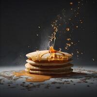 Pancakes con miele e acero sciroppo su un' nero sfondo., ai generativo Immagine foto