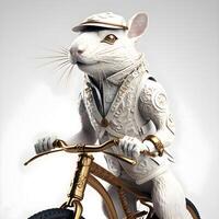il bianca topo nel un' casco con un' bicicletta su un' bianca sfondo, ai generativo Immagine foto