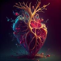 umano cuore con sangue navi. 3d illustrazione. 3d rendering, ai generativo Immagine foto