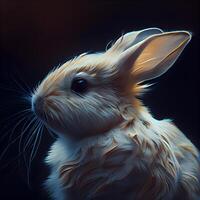 ritratto di un' bianca coniglio con blu occhi su un' nero sfondo, ai generativo Immagine foto