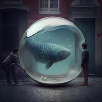 uomo guardare a un' grande pesce dentro di un' bicchiere palla nel il città, ai generativo Immagine foto