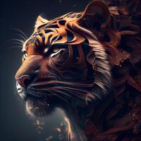 tigre testa con astratto ornamento su nero sfondo. 3d illustrazione, ai generativo Immagine foto