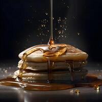 Pancakes con miele e spruzzi su un' grigio sfondo., ai generativo Immagine foto