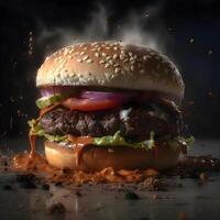 hamburger al formaggio su un' nero sfondo con Fumo e fiamme., ai generativo Immagine foto