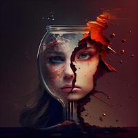giovane donna nel un' bicchiere vaso con sangue schizzare su sua viso, ai generativo Immagine foto