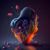 3d illustrazione di un' nero cuore con le foglie e frutti di bosco su un' buio sfondo, ai generativo Immagine foto