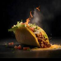 tacos con carne e verdure su un' nero sfondo con Fumo, ai generativo Immagine foto