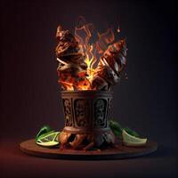 fiammeggiante shish kebab nel un' pentola su un' buio sfondo, ai generativo Immagine foto