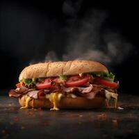 Sandwich con prosciutto, formaggio, pomodoro e lattuga su nero sfondo, ai generativo Immagine foto