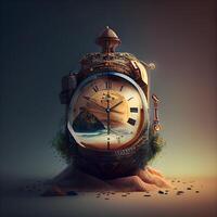 tempo concetto con Vintage ▾ orologio e sabbia. 3d rendere illustrazione., ai generativo Immagine foto