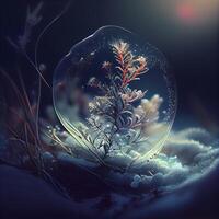 cristallo palla con i fiocchi di neve nel inverno foresta. 3d illustrazione, ai generativo Immagine foto