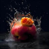 rosso Mela caduta in acqua con spruzzo su grigio sfondo, studio sparo, ai generativo Immagine foto