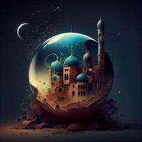 illustrazione di moschea nel un' bicchiere palla con mezzaluna Luna e stelle, ai generativo Immagine foto