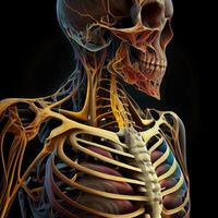 umano scheletro anatomia su un' buio sfondo. 3d rendering, 3d illustrazione., ai generativo Immagine foto