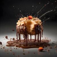 cioccolato torta con frutta spruzzi su nero sfondo, vicino su, ai generativo Immagine foto