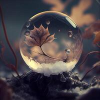cristallo palla con autunno le foglie e neve. 3d illustrazione. natura concetto., ai generativo Immagine foto