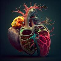 umano cuore con circolatorio sistema su buio sfondo. 3d illustrazione, ai generativo Immagine foto
