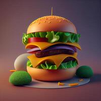 Hamburger con formaggio, lattuga, pomodoro e cetriolo. 3d illustrazione, ai generativo Immagine foto