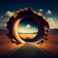 strada attraverso il deserto con Ingranaggio ruota. 3d rendere illustrazione., ai generativo Immagine foto