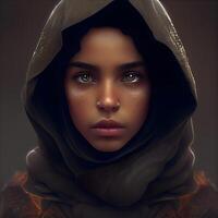 ritratto di un' bellissimo giovane musulmano donna nel scialle., ai generativo Immagine foto