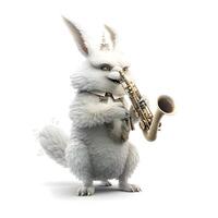 bianca coniglio con sassofono isolato su bianca sfondo. 3d illustrazione, ai generativo Immagine foto