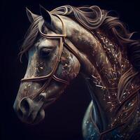 cavallo testa con d'oro bicchieri su un' nero sfondo. 3d rendering, ai generativo Immagine foto