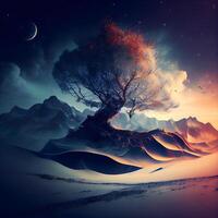 fantasia paesaggio con un' albero e il Luna nel il notte cielo, ai generativo Immagine foto