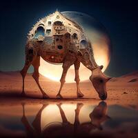3d interpretazione di un' cammello nel il deserto con Luna e stelle, ai generativo Immagine foto