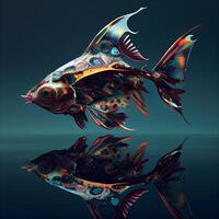 astratto pesce con un' modello su un' buio sfondo. 3d rendering, ai generativo Immagine foto