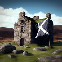 rovine di medievale castello con bandiera di Scozia. 3d rendere, ai generativo Immagine foto
