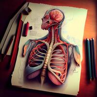 anatomia di umano corpo su il tavolo con matite., ai generativo Immagine foto