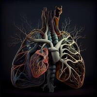 umano cuore con vene e arterie su buio sfondo. 3d illustrazione, ai generativo Immagine foto