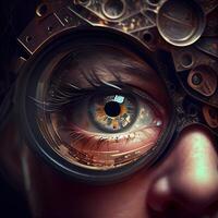 avvicinamento di umano occhio con metallo ingranaggi. 3d rendering, ai generativo Immagine foto