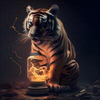 tigre con un' ardente cherosene lampada su un' buio sfondo, ai generativo Immagine foto