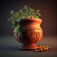 ceramica pentola con erbe aromatiche su buio sfondo. illustrazione., ai generativo Immagine foto