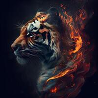 ritratto di un' tigre con un' ardente fuoco su un' nero sfondo, ai generativo Immagine foto