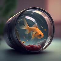 pesce rosso nel un' bicchiere acquario. 3d illustrazione. lente messa a fuoco., ai generativo Immagine foto