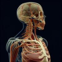 umano scheletro anatomia con muscoli e circolatorio sistema, 3d illustrazione, ai generativo Immagine foto