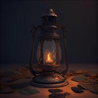 lanterna con un' ardente candela su un' buio sfondo. 3d illustrazione, ai generativo Immagine foto