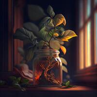 3d interpretazione di un' bicchiere vaso con un' pianta dentro il finestra, ai generativo Immagine foto
