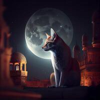 il lupo si siede su il sfondo di il moschea e il luna., ai generativo Immagine foto