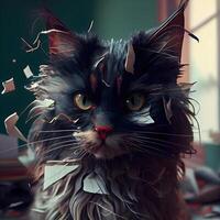 nero gatto con arancia occhi e strappato carta su il suo testa. 3d rendering, ai generativo Immagine foto