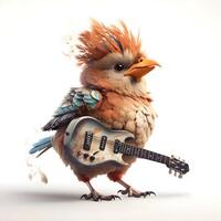 carino pappagallo con chitarra isolato su bianca sfondo. 3d illustrazione., ai generativo Immagine foto