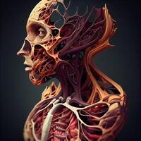 umano anatomia, 3d illustrazione di umano corpo con circolatorio sistema, ai generativo Immagine foto